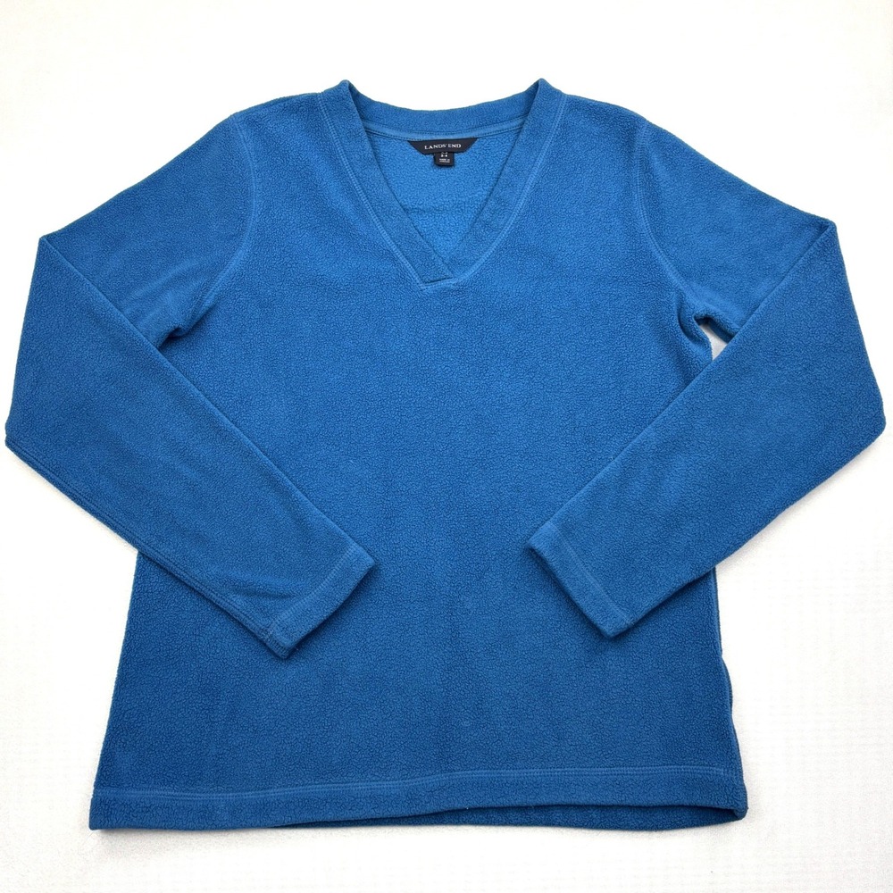 Lands End Womens XS 2-4 Royal Blue Stretch Microfleece V-Neck Pullover Sweater